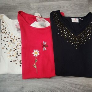 Quacker Factory White Red Black Tops Siz 1X Rhinestone Embellished  Set of 3